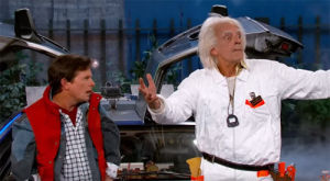 Present Day Michael J. Fox and Christopher Lloyd  wear their old Back to the Future costumes